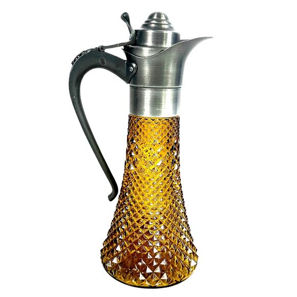 Antique Diamond Point Amber Glass Ewer Style Pitcher Pewter Lid & Handle-Rare! - Picture 3 of 8